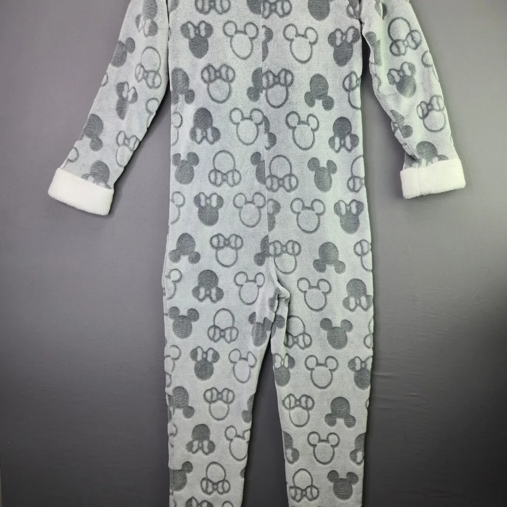 Disney Minnie Mouse Fleece Union Suit Pajamas Small Gray Hooded One Piece Plush - Picture 15 of 16